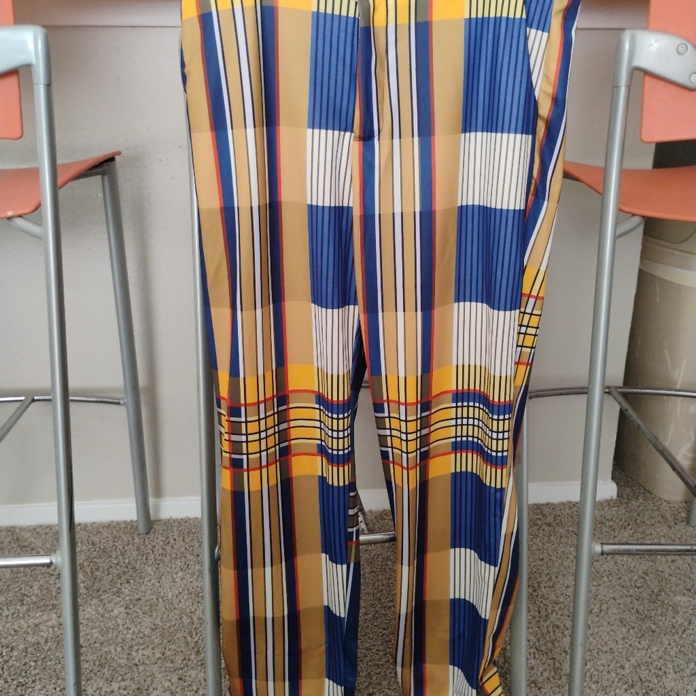 Men's Slacks Plaid Blue, Orange, White, Size L